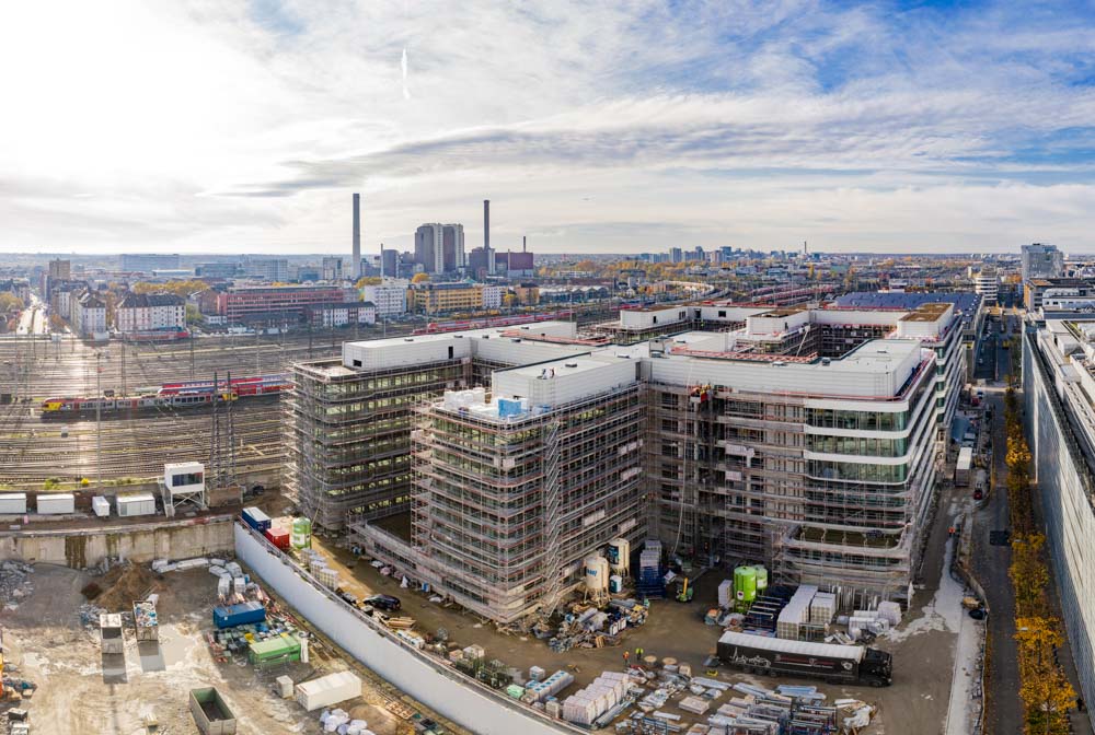 Drohnen-Panoramafoto der Grand Central Baustelle in der Nähe des Frankfurter Hauptbahnhofs, fotografiert für die Sweco GmbH.