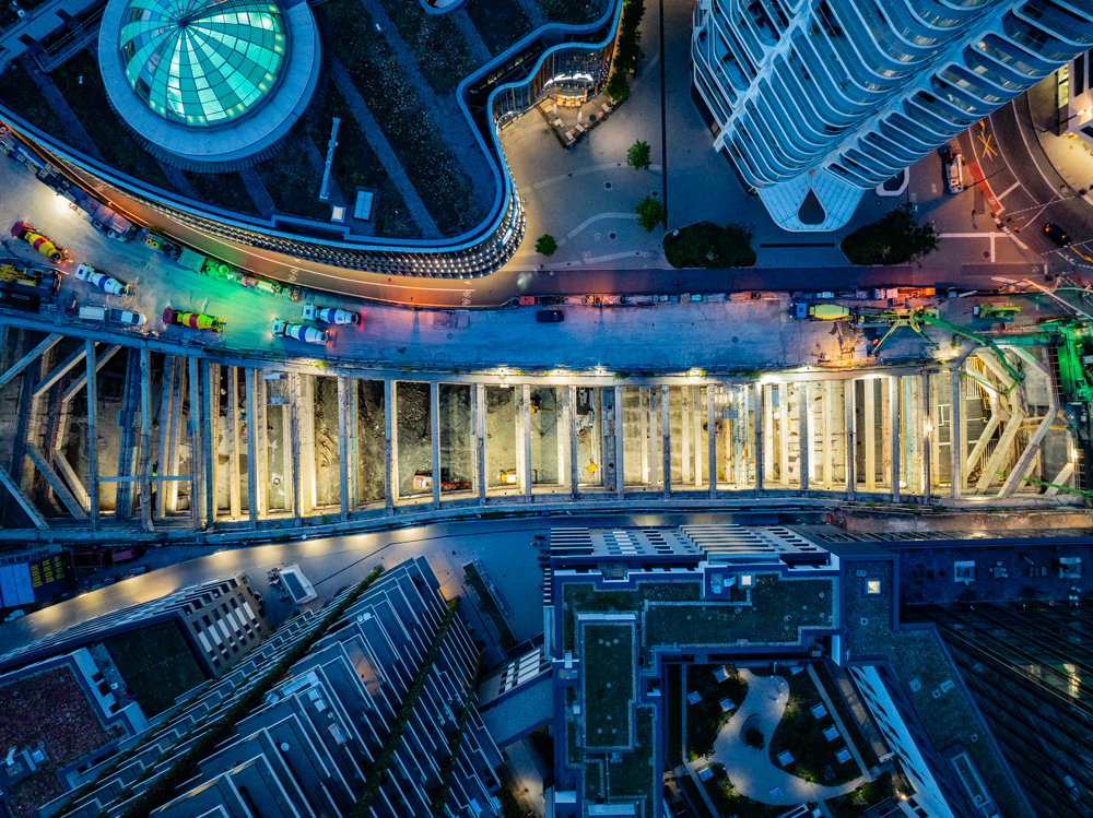 Die 180 Meter lange Baugrube der Stadtbahn U5 am Frankfurter Güterplatz wurde von mir für PORR Deutschland mit der Drohne fotografiert