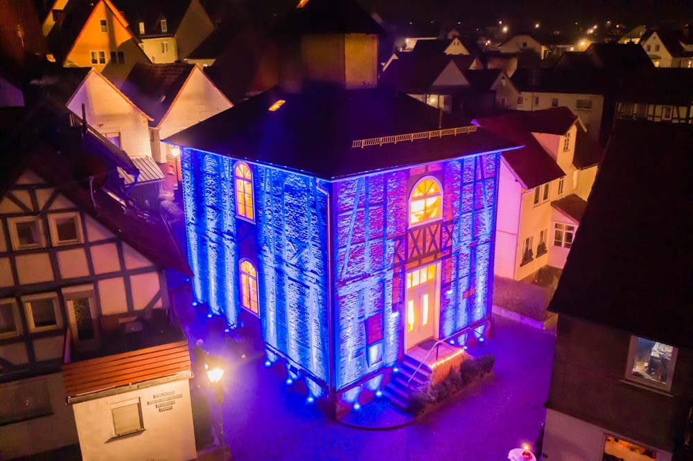 The historic Wetter synagogue, near Marburg, was lit in remembrance of Kristallnacht, symbolizing 